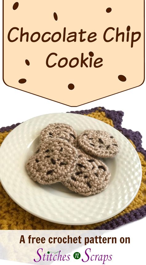 Let's make some cookies - chocolate chip, of course! This free crochet pattern is one kind of 'baking' I can actually manage. Learn how to make your own on StitchesnScraps.com - There's a video tutorial too! Crocheted Fruit, Crochet Cookie, Crocheted Food, Amigurumi Food, Pretend Food, Easy Crochet Projects, Cookies Chocolate, Food Patterns, Toy Food