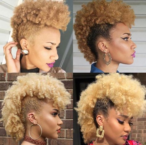 Blond Mohawk Hairstyles For Black Women, Blonde Mohawk Black Women, Frohawk Women, Natural Mohawk Styles For Black Women, Crochet Mohawk Hairstyle, Curly Mohawk Hairstyles For Women, Natural Mohawk Hairstyles, Frohawk Natural Hair, Annabelle Cane