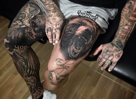 12+ Realistic Looking Bear Tattoos For Leg Mens Thigh Tattoos, Joel Tattoo, Inner Thigh Tattoos, Upper Leg Tattoos, Thigh Tattoo Men, Best Leg Tattoos, Tattoo Spots, Stencil Outline, Unalome Tattoo