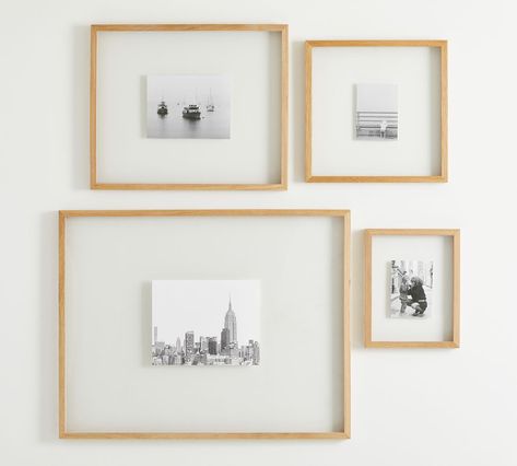 Gallery Wall Floating Frames, Light Wood Frames On Wall, Light Wood Gallery Wall, Natural Frame Gallery Wall, Light Wood Picture Frames, Natural Wood Picture Frames, Gallery Wall Slanted Ceiling, Horizontal Frames On Wall, Floating Frame Gallery Wall