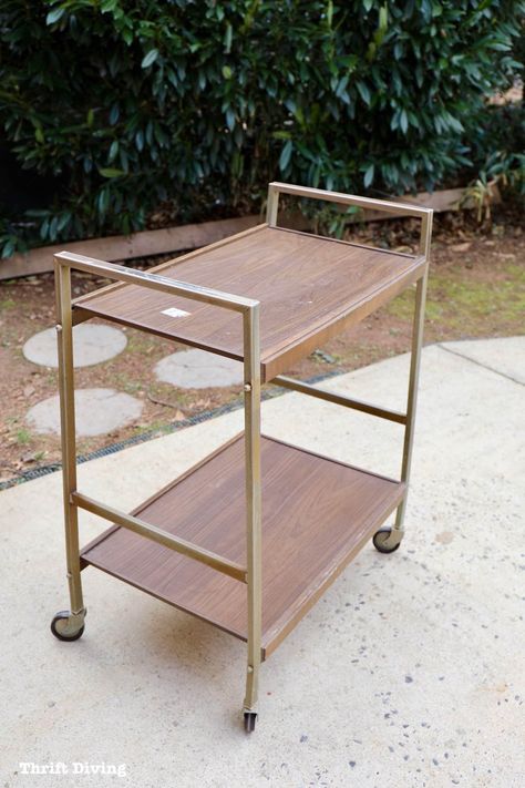 Vintage Bar Cart Ideas, Tea Trolley Makeover, Bar Cart Ideas Diy, Repurposed Bar Cart, Vintage Bar Cart Makeover, Old Bar Cart Makeover, Microwave Cart Makeover, Metal Cart Makeover, Painted Bar Cart