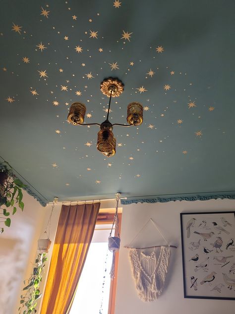 Unique Wall Murals Diy, Hippie Wallpaper Room, Candy Ceiling Lights, Pretty Curtains Living Room, Colorful French Decor, Whimsical Ceiling Decor, Whimsical Hallway, Whimsigoth House Decor, Witchy Home Decor Ideas