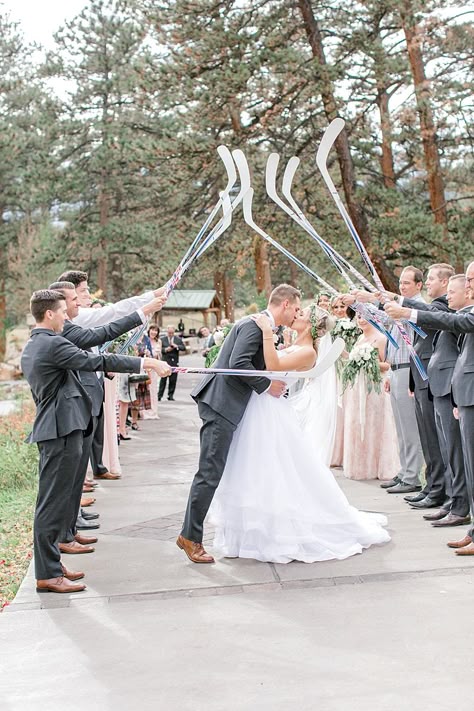 Hockey Inspired Wedding, Hockey Family Aesthetic, Hockey Wedding Ideas, Hockey Proposal, Hockey Wedding Theme, Hockey Couple, Hockey Bf, Estes Park Wedding Venues, Hockey Wedding