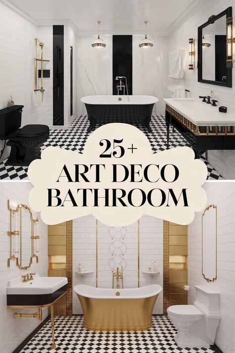 Are you ready to infuse your bathroom with the glamour and sophistication of the Roaring Twenties? Art Deco bathrooms are making a stunning comeback, blending vintage charm with modern luxury. How can you capture this timeless elegance in your own home without breaking the bank? . 1. Geometric Tile Patterns… Art Deco Black And White Bathroom, Small Bathroom Ideas Gold Accents, Art Deco Bathroom Sink, Bathroom Art Decor Ideas, Art Deco Powder Room Ideas, Frank Lloyd Wright Bathroom, Art Deco Half Bathroom, Art Deco Small Bathroom, Art Deco Style Bathroom