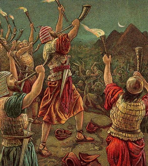 Gideon was the fifth judge over Israel in the book of Judges.  He is introduced in chapter 6 of the book while he was harvesting wheat and hiding from the Midianites.  An angel came to him and called upon him to "save Israel from the hand of Midian."  With the help of God, Gideon goes on to destroy the Altar of Baal and miraculously defeat the army of Midian with only 300 men. Gideon Bible, Bible Paintings, The Book Of Judges, Book Of Judges, Ancient Clothing, Biblical Stories, Bible Stories For Kids, Bible Illustrations, Childrens Bible