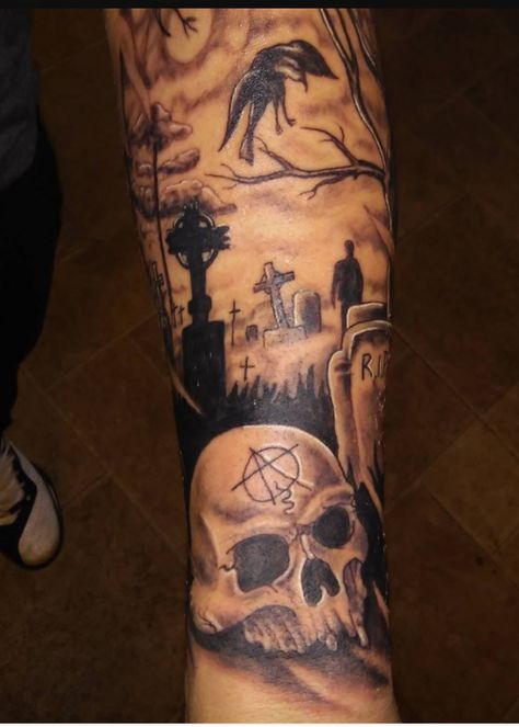 Beautiful Graveyard, Tombstone Tattoo, Graveyard Tattoo, Exotic Tattoos, Scene Tattoo, Grim Reaper Tattoo, Card Tattoo Designs, Skull Sleeve Tattoos, Evil Tattoos