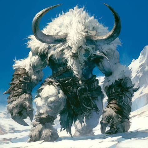 Snow Monster Art, Fantasy Beast Concept Art, Beastman Fantasy Art, Fantasy Race Concept Art, Fantasy Races Concept, Minotaur Art, Snow Creatures, Snow Monster, Mythical Creatures Fantasy