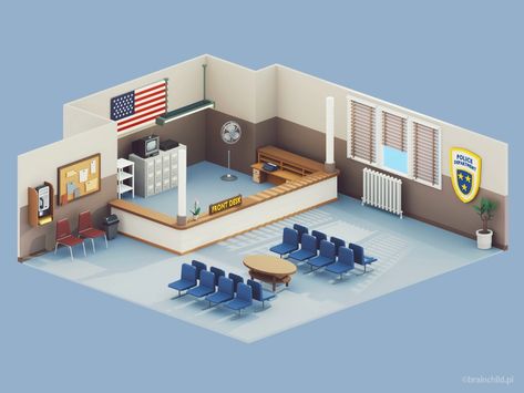 Low Poly Police Department Room | 3d | Retro by Rafał Urbański on Dribbble Sims 2 Police Station, Police Station Interior Design, Sims 4 Police Station, Minecraft Police Station, Police Station Interior, Police Department Office, Game Icon Design, Narrow House Designs, Page Layout Design