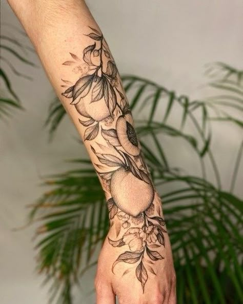 Peach Tattoo, The Ouroboros, Ouroboros Tattoo, Fruit Tattoo, Books Open, London Tattoo, Gorgeous Tattoos, Female Tattoo Artists, Blossom Tattoo