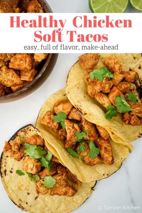 These Easy Chicken Soft Tacos use a homemade taco seasoning mix made with items right in your pantry and are ready in under 15 minutes! | Slender Kitchen | Healthy Recipes | Weight Watchers | Chicken | Tacos | #healthyrecipes #kidfriendly #makeahead #quickandeasy #dinner Diced Chicken Tacos, Soft Tacos Recipes, Raw Onion, Tortilla Recipes, Chicken Soft Tacos, Homemade Taco Seasoning Mix, Slender Kitchen, Cooking Frozen Chicken, Random Recipes