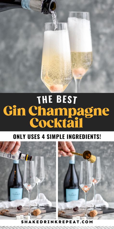 The Gin Champagne Cocktail combines the crisp, botanical notes of your favorite gin with bubbly champagne to create a chic cocktail perfect for any celebration or at home happy hour. Gin And Champagne Cocktail, Gin Champagne Cocktail, Gin Mixed Drinks, Gin Fizz Recipe, Gin Based Cocktails, Best Gin Cocktails, Gin And Prosecco, Champagne Drinks, Champagne Cocktails