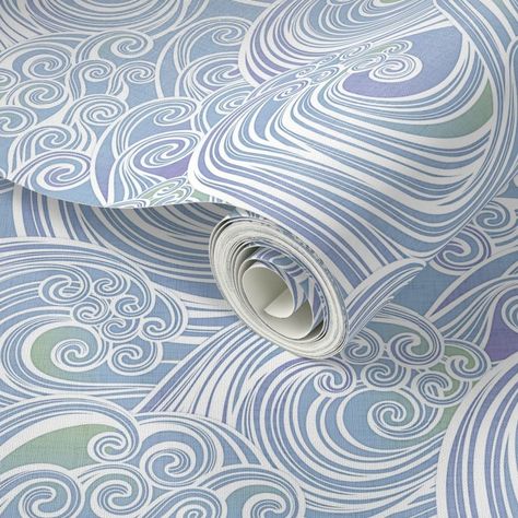 Soothing Waves Medium- Sea- Summer Home | Spoonflower Beach House Wallpaper, Beachy Wallpaper, Surf Wall Art, Ocean Fabric, Coastal Wallpaper, Pastel Beach, Coastal Summer, Waves Sea, Waves Wallpaper