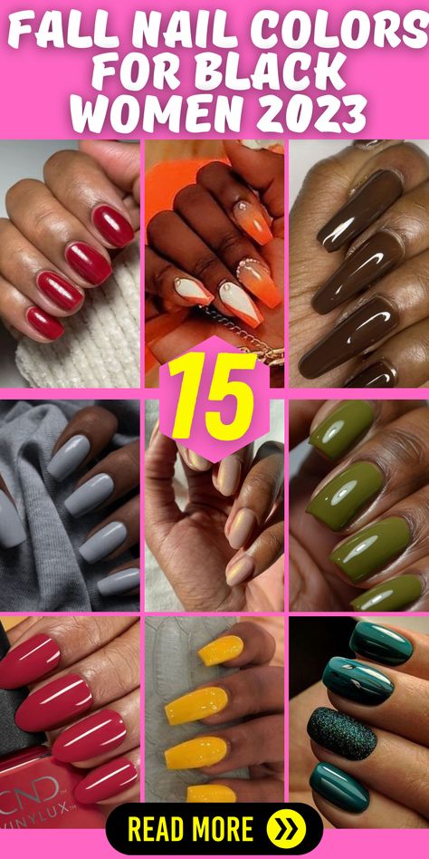 Explore the latest fall nail colors for black women in 2023 and get inspired by the vibrant shades and trends. From warm and earthy tones to bold and colorful hues, these nail colors are perfect for embracing the beauty of the season. Whether you prefer short nails or longer lengths, there are endless options to suit your style and personal preference. Discover the perfect shade to enhance your natural beauty and express your unique personality. Fall Nails 2023 Dark Skin, Elegant Nails For Black Women, Short Nails Fall 2023, Sns Fall Colors 2023, Fall Nails 2023 Black Women, Fall Nails For Black Women, Fall Nail Colors Black Women, Fall Nail Colors 2023, Fall Nails 2023 Color Trends