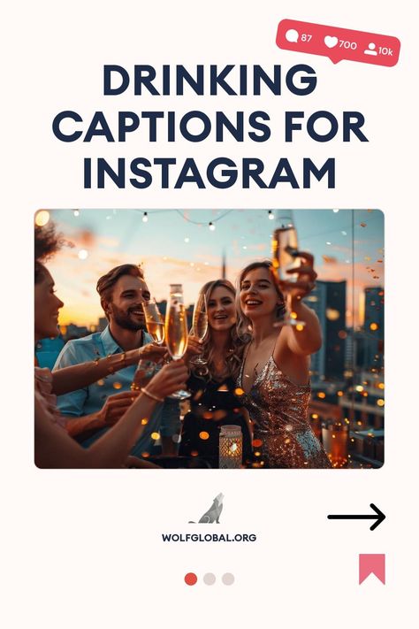 Graphic with people toasting drinks, titled "Drinking Captions for Instagram" on wolfglobal.org.
A list of humorous and wine-related statements with emojis and a call-to-action button.
An advertisement featuring a happy young woman on a laptop with social media icons and engagement offer details. Funny Toasts Drinking Friends, Drink Quotes Instagram, Drinking Captions Instagram, Drinking Captions, Drinking Toasts, Funny Toasts, Party Captions, Bar Quotes, Instagram Captions For Friends