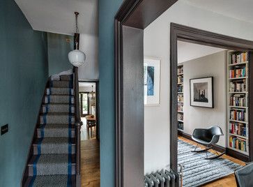 interesting paint work - East London House midcentury-entrance, from Houzz Small Hallway Furniture, Dark Wooden Furniture, Foyer With Stairs, Eclectic Room, Small Hall, Hall Furniture, Foyer Decorating, London House, Small Hallways