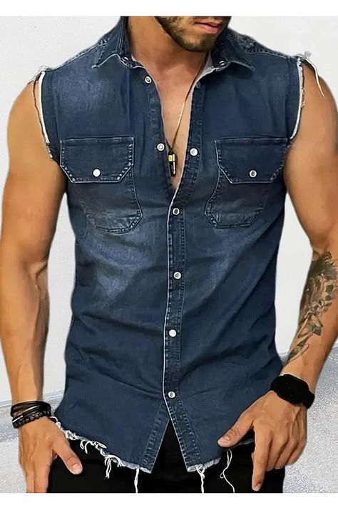 Ciciful Denim Vest Men, Sleeveless Vest Jacket, Mens Fashion Denim, Denim Tank Top, Moda Denim, Denim Tank, Graduation Outfits, Denim Shirt Men, Denim Clothing