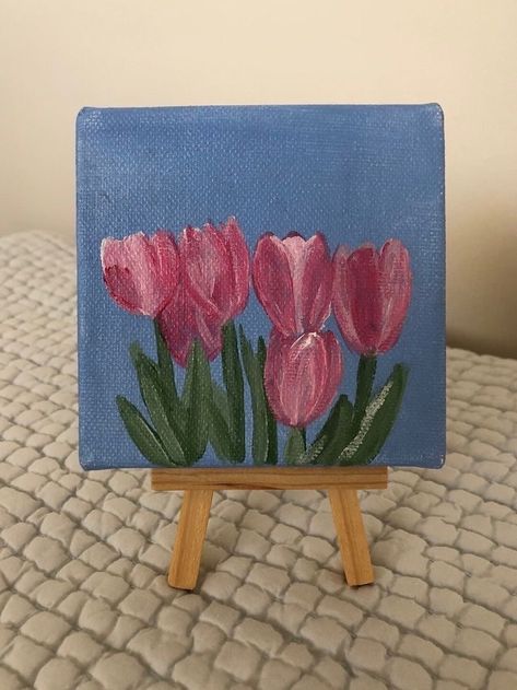 Flowers Drawing On Canvas, Flower Small Painting, Painting Ideas On Canvas Tulips, Tulips Acrylic Painting Easy, Pretty Simple Paintings, Easy Little Painting Ideas, Flower Bouquet Painting Easy, Pink Flower Painting Easy, Cute Stuff To Paint Easy Bedroom