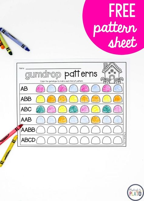 FREE Gumdrop Patterns! A sweet way for pre-k, kindergarten and first grade kids to work patterns like AB, ABB, ABC, AABB, ABCD plus an option to make their own. A great addition to any Christmas or Gingerbread themed math center this winter holiday season! #PlaydoughToPlato #freepatternwork #kindergarten #pre-k #freemathcenters #gingerbread Patterns For First Grade Math, First Grade Pattern Activities, Patterning For Preschoolers, Patterning Math Centers, Math Their Way Kindergarten, Patterns Grade 2 Activities, Making Patterns Kindergarten, Patterning In Kindergarten, Grade 1 Patterning Activities