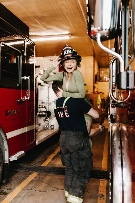 Firefighter engagement photos Fire Fighter Engagement Photos Ideas, Fireman Engagement Photos, Fire Department Engagement Photos, Firefighter Boyfriend Aesthetic, Firefighter Couple Pictures, Firefighter Wedding Photos, Firefighter Engagement Pictures, Firefighter Husband, Firefighter Couple