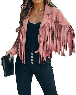 Women's Pink Fringe Jacket Jessica Kelly, Black Cropped Jacket, Tassel Jacket, Faux Leather Jacket Women, Hippie Jacket, Stage Clothes, Faux Leather Motorcycle Jacket, Motorcycle Jacket Women, Western Clothes