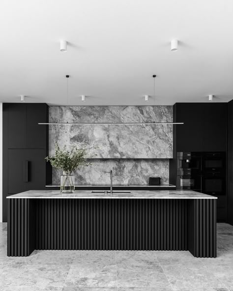 Kitchen & Joinery Specialist | Appreciating all the layers of texture used throughout this monochromatic home and how the movement in natural stone balances perfectly… | Instagram Monochromatic Home, All Black Kitchen, Black Kitchen Design, Black Modern Kitchen, Modern Black Kitchen, Black Kitchen Island, Modern Kitchen Island, Modern Kitchen Interiors, Countertop Design