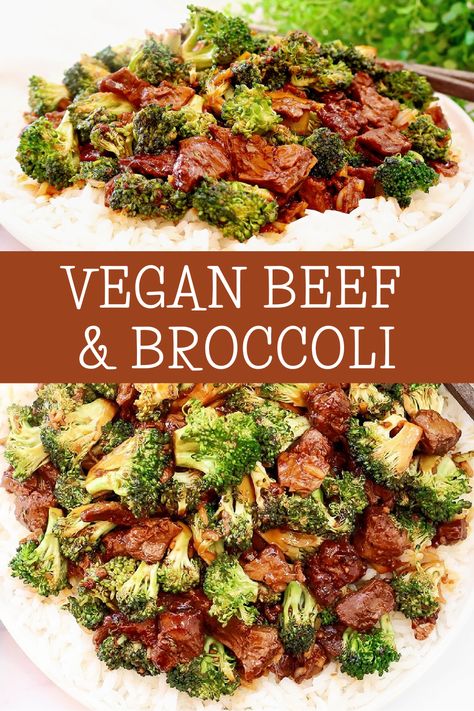 Vegan Beef and Broccoli ~ Plant-based version of classic Chinese takeout with  fresh broccoli and vegan beef steak over fluffy Jasmine rice. via @thiswifecooks Vegan Beef And Broccoli, Fluffy Jasmine Rice, Broccoli Plant, Edamame Salad, Beef Broccoli, Vegan Beef, Vegan Dinner Recipes Easy, Vegan Christmas Recipes, Beef And Broccoli