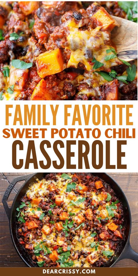 Our Family Favorite Sweet Potato Chili Casserole is an easy weeknight dinner recipe. Packed with ground beef, black beans, and vibrant veggies, this dish is a perfect blend of comfort and nutrition. The sweet potatoes add a delightful twist, while the melted Monterey Jack and cheddar create a deliciously cheesy topping. Perfect for cozy nights, this casserole is sure to become a cherished favorite. Simple Casseroles, Potato Chili Recipe, Mexican Brown Rice, Sweet Potato Chili Recipe, Easy Skillet Dinner, Chili Casserole, Potato Chili, Easy Sweet Potato, Yummy Sweet Potatoes