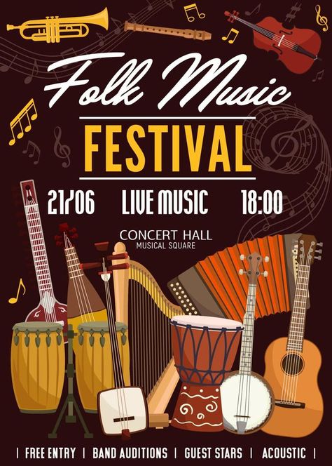 Folk music festival, traditional music instruments Folk Music Festival, Traditional Instruments, Grunge Posters, Traditional Festival, Orchestra Music, Music Festival Poster, Traditional Music, Jazz Festival, Festival Posters