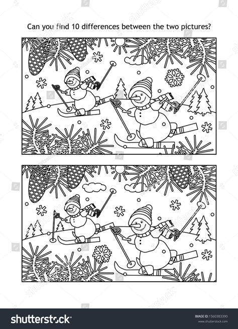 Winter sports, winter holidays, New Year or Christmas find the ten differences picture puzzle and coloring page with skiing snowmen #Ad , #AFFILIATE, #Year#Christmas#find#holidays Christmas Spot The Difference, Spot The Difference Printable, Snowman Coloring, Snowman Coloring Pages, Picture Puzzle, Hallowen Ideas, Christmas Worksheets, Holiday Puzzle, Spot The Difference