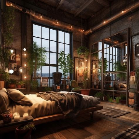 Industrial-boho styleIs that existIdkof course made with a.i. Loft Boho Bedroom, Industrial Cozy Home, Aesthetic Industrial Bedroom, Cozy Loft Decor, Bedroom Aesthetic Industrial, Boho Industrial Apartment, Simple Industrial Living Room, Industrial Earthy Decor, Industrial Romantic Bedroom