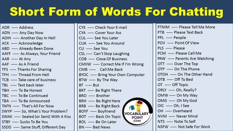 Text Shortcuts Words, Short Forms For Chatting, Text Meanings, Opinion Words, Sms Language, Short Text, See You Around, Text Back, Minding Your Own Business