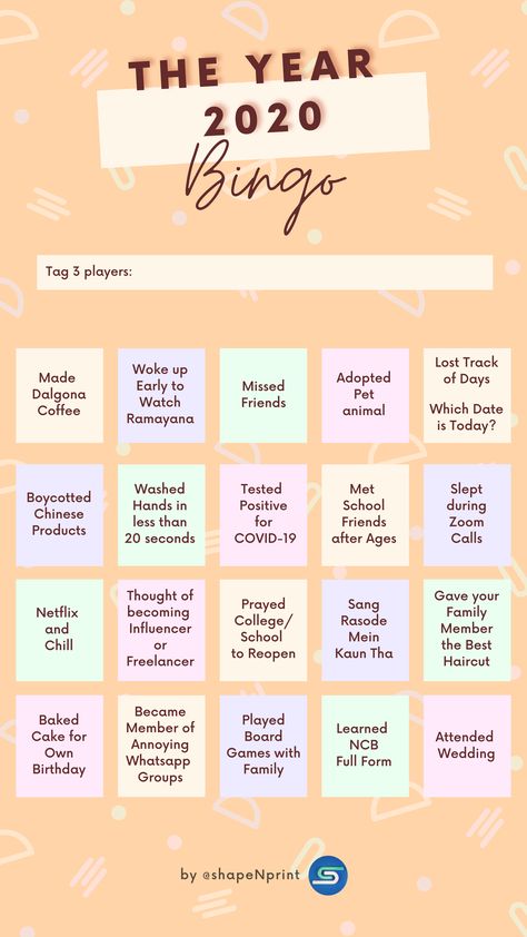 Best Bingo Challenge 2020 Instagram, Facebook Template made by shapeNprint. It is made especially for people of India. It includes options like made dalgona coffee, ramayana, missed friends, adopted pet, lost track of days, which date is today, boycotted chineese products, washed hand in less than 20 seconds, tested positive for covid-19, slept during zoom calls, Netflix and chill, freelancer, sang rasode mein kaun tha, best hair cut, baked cake, annoying whatsapp group, attended weddings Bingo Ideas, Bingo Challenge, Challenge Template, App Aesthetic, Facebook Template, Facebook Games, Facebook Templates, Ig Templates, Bingo Card