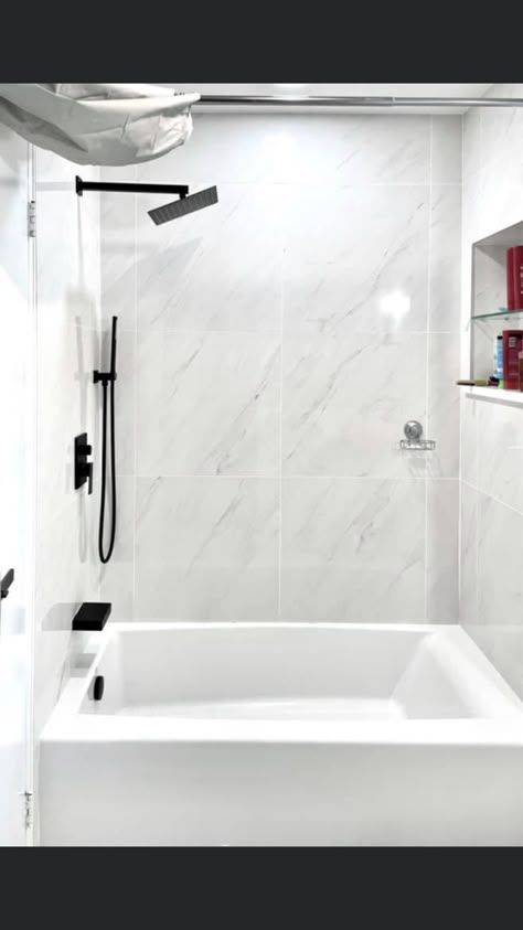 Tub Shower Combo Remodel With Window, Bathroom Tub Tile Ideas Modern, Bathroom Tile Ideas With Bathtub, Insert Shower Makeover, Small Bathroom Remodel With Tub Tile, White Bathtub Shower Combo, Marble Tile Shower Walls With Tub, Large Tile Shower Tub Combo, 12x24 Tile Bathtub Surround