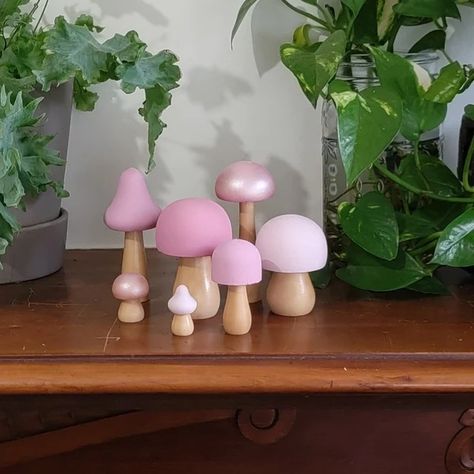 TinyShinyGifts - Etsy Pink Mushroom Decor, Painted Wooden Mushrooms, Mushroom Shelf, Painted Mushrooms, Felt Crafts Dolls, Wooden Mushrooms, Pink Mushroom, Steel Planters, Mushroom Decor