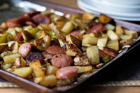 A Simple and Delicious recipe for Oven Roasted Potatoes with Peppers, Onions, and Sausage. Potatoes Onions And Peppers, Smoked Sausage Potatoes, Sausage And Onions, Kilbasa Sausage Recipes, Smoked Sausage Recipes, Kielbasa Recipes, Oven Roasted Potatoes, Sausage Bake, Recipe Sheets