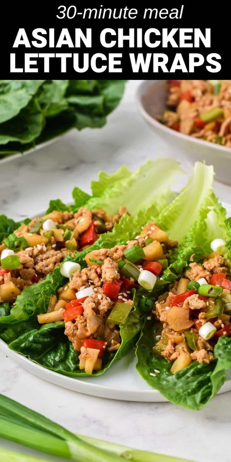 chicken lettuce wraps on white plate Hand Held Food, Lettuce Wraps Recipe, Asian Chicken Lettuce Wraps, Asian Lettuce Wraps, Chicken Lettuce Wraps Recipe, Meal For Two, Lettuce Wrap Recipes, Low Carb Meal, Chicken Lettuce Wraps