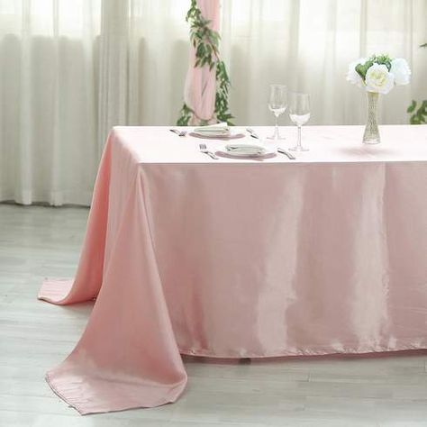 90x132" Dusty Rose Satin Rectangular Tablecloth | eFavorMart Satin Tablecloth, Table Overlays, Tablecloth Sizes, Table Skirt, Rectangle Tablecloth, Banquet Tables, Satin Roses, Wedding Linens, Satin Color