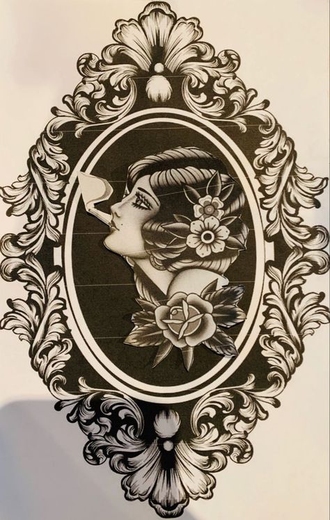 Victorian Style Tattoos Vintage, American Traditional Victorian Tattoo, Cameo Tattoo Ideas, Ornate Picture Frame Tattoo, Neo Traditional Mirror Tattoo, Victorian Mirror Drawing, Cameo Tattoo Victorian, Old Frame Tattoo, Victorian Style Tattoo Sleeve