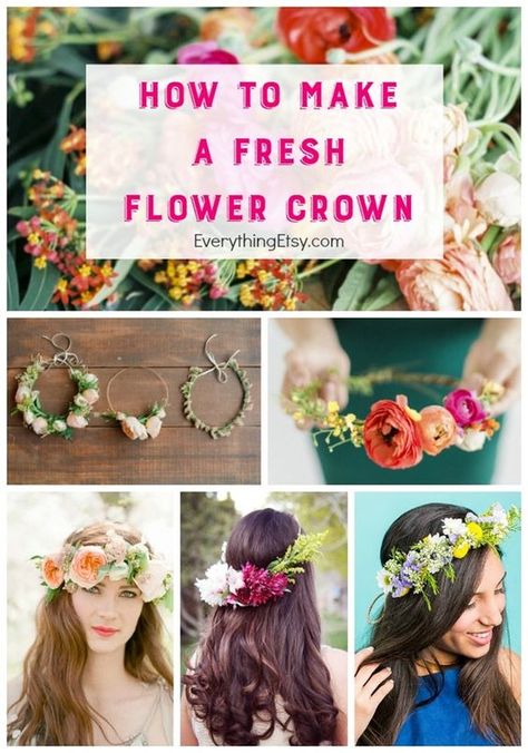 How to make a fresh flower crown {7 Inspiring Ideas} - EverythingEtsy.com Fresh Flower Tiara, Diy Fresh Floral Crown, Fresh Flower Headpiece, How To Make Flower Crowns With Real Flowers, Fresh Flower Headband, Fresh Flower Crown Diy, Crafts With Fresh Flowers, Diy Real Flower Crown, Diy Flower Crown Real Flowers