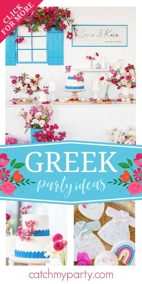 Greek Island Theme Party, Greek Island Party Decor, Greece Bday Party, Mediterranean Birthday Party Theme, Santorini Theme Party Decor, Greece Birthday Theme, Greek Goddess Birthday Theme, Greek Table Decor, Greek Themed Bridal Shower Ideas