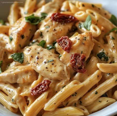 Marry Me Chicken Penne Pasta, Sun Dried Chicken Pasta, Good Chicken Meals, Chicken Squash Pasta, Sunday Night Family Dinner Ideas, Chicken And Sundried Tomato Recipes Penne Pasta, Easy Dinner Meals For One, Healthy Italian Food Recipes, Chicken Pasta Sundried Tomatoes Recipes