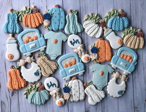 61 Rustic Baby Shower Ideas - The Centered Parent Fall Baby Shower Cookies, Fall Baby Shower Decor, Pumpkin Theme Baby Shower, Lil Pumpkin Baby Shower, November Baby Shower, Fall Baby Shower Themes, October Baby Showers, Bebe Shower, Baby Cookies