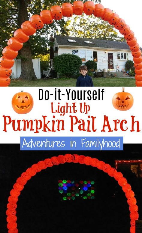 Reuse plastic pumpkin pails by creating a dramatic Halloween Pumpkin Pain Arch #diy #halloween Diy Pumpkin Man, Halloween Arches Diy, Plastic Pumpkin Arch, Halloween Pumpkin Arch, Diy Halloween Arch, Diy Pumpkin Arch, Pvc Pumpkin, Pumpkin Arch, Halloween Arch