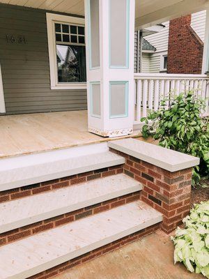 Cottage Front Steps, Craftsman Front Steps, Paver Steps Front Porches, Front Porch Design With Stairs, Brick Stairs Front Porch, Front Door Steps Ideas Entrance, Brick Steps Front Porch Entrance, Brick Stairs Outside Entrance, Brick Steps Front Porch