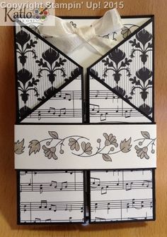 Double Gatefold Cards, Gate Fold Cards Ideas, Black And White Cards Handmade, Gate Fold Cards Template, Angled Gate Fold Card, Black And White Cards, Cascading Card, Music Cards, Musical Cards