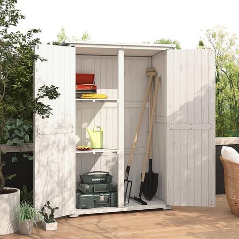 Amazon.com : AECOJOY Outdoor Storage Shed with Waterproof Roof, Wooden Storage Cabinet Large Outdoor Shed Tool Shed with 2 Removable Shelves&Double Lockable Doors, Grey&White : Patio, Lawn & Garden Garden Cabinet Outdoor, Outdoor Pool Storage, Small Shed Ideas, Patio Storage Cabinet, Grill Storage, Outdoor Storage Ideas, Floor Leveling, Outside Storage Shed, Roof Patio