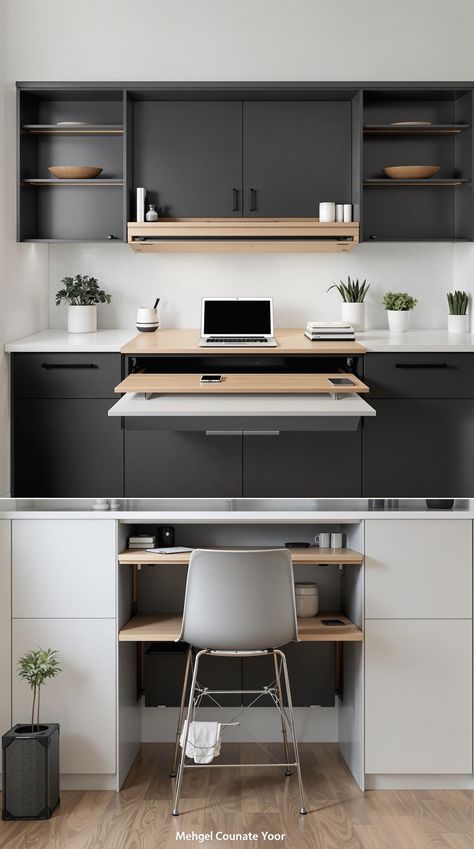 Hidden Desk Ideas Multifunctional Furniture Small Spaces Office, Hidden Desk Built In, Hidden Desk Ideas, Desk Under Stairs, Hideaway Desk, Alcove Desk, Drop Down Desk, Hidden Desk, Door Desk