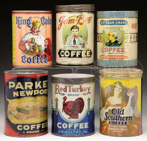 Vintage Coffee Tins                                                                                                                                                                                 More #vintagecoffee Old Tins, Vintage Containers, Coffee Tin, Vintage Packaging, Tin Containers, Tea Tins, Vintage Tins, Tin Boxes, Vintage Labels