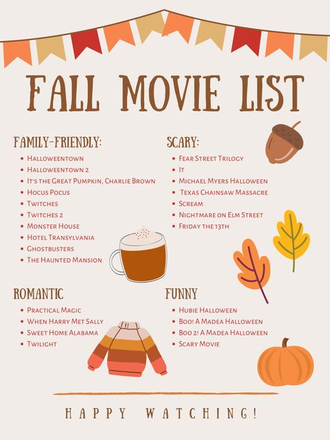 Best Fall Movies, Fall Movies, The Fall Movie, Fall Movie, It's The Great Pumpkin, Halloween Movie Night, Fall Mood Board, Fun Fall Activities, Fall Bucket List