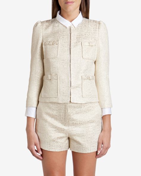 Metallic cropped suit jacket and Metallic suit shorts | Ted Baker UK Cropped Suit Jacket, Cropped Suit, Women Suits, Women's Suits, Suits Clothing, Suit Dress, Latest Fashion Design, Printed Dresses, Classic Suit